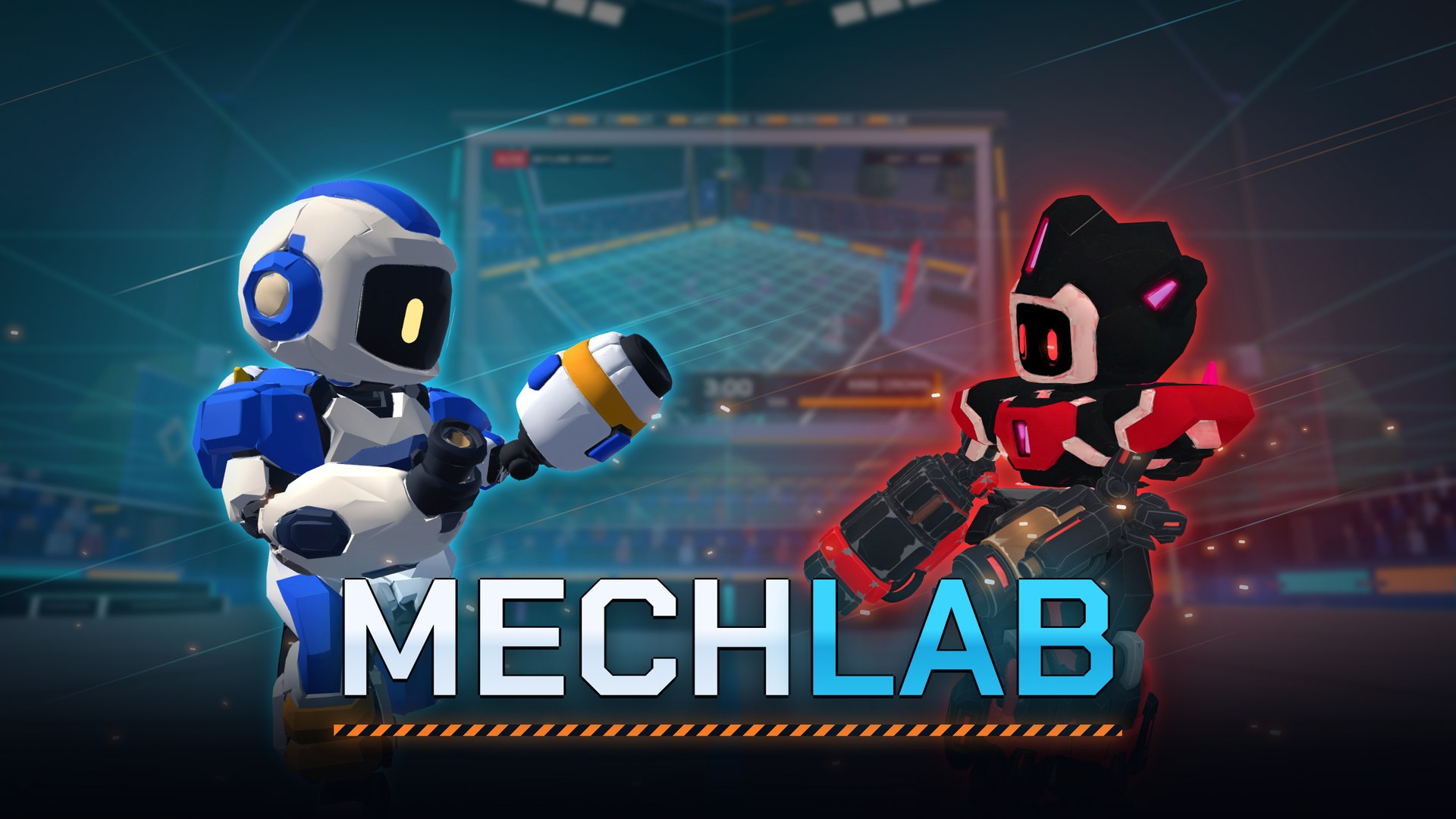 MECHLAB key art: two toy-sized battle mechs face off in a neon arena.