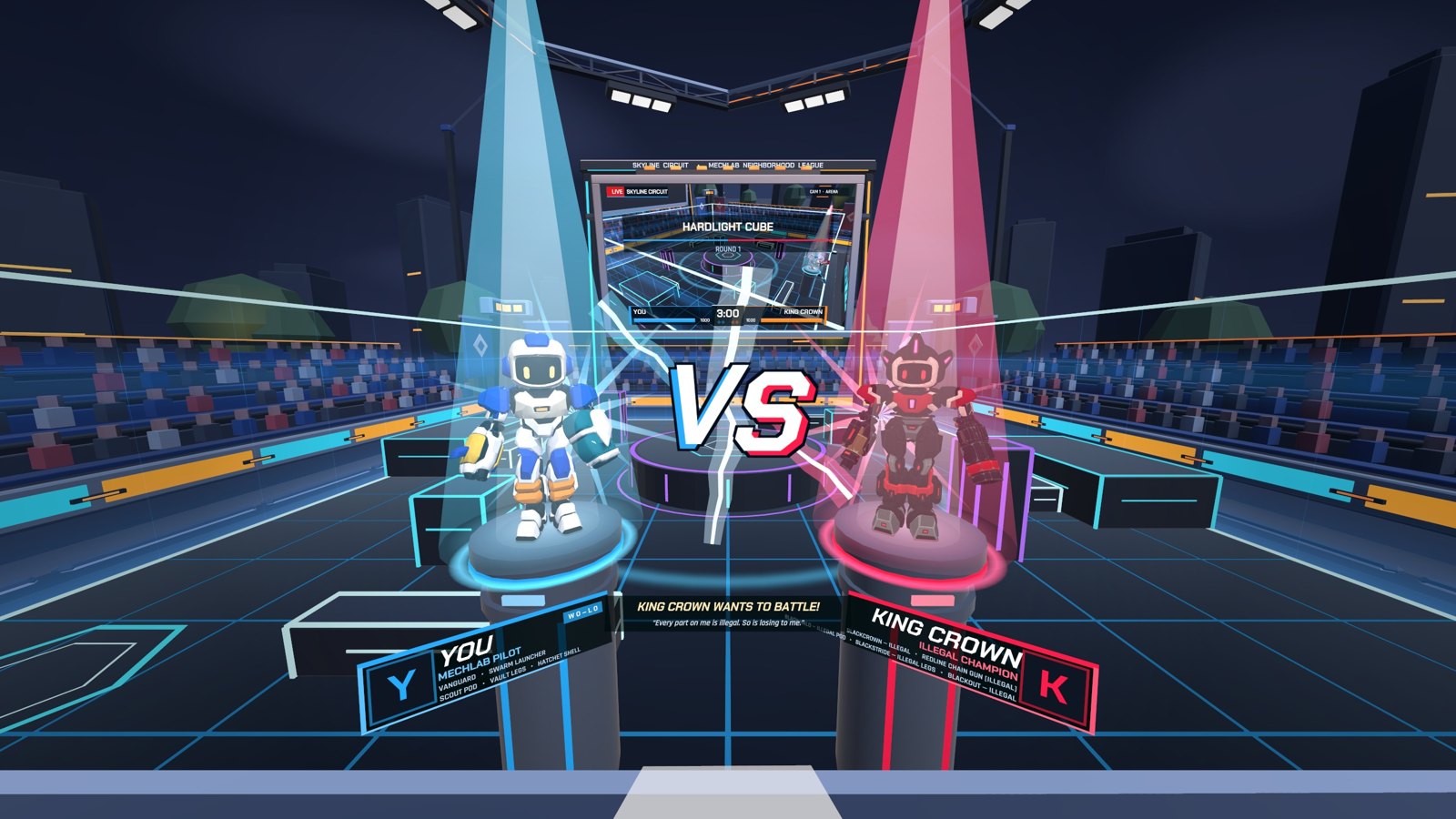 VS intro in the Hardlight Cube: your Vanguard and the illegal champion KING CROWN on spotlit pedestals.