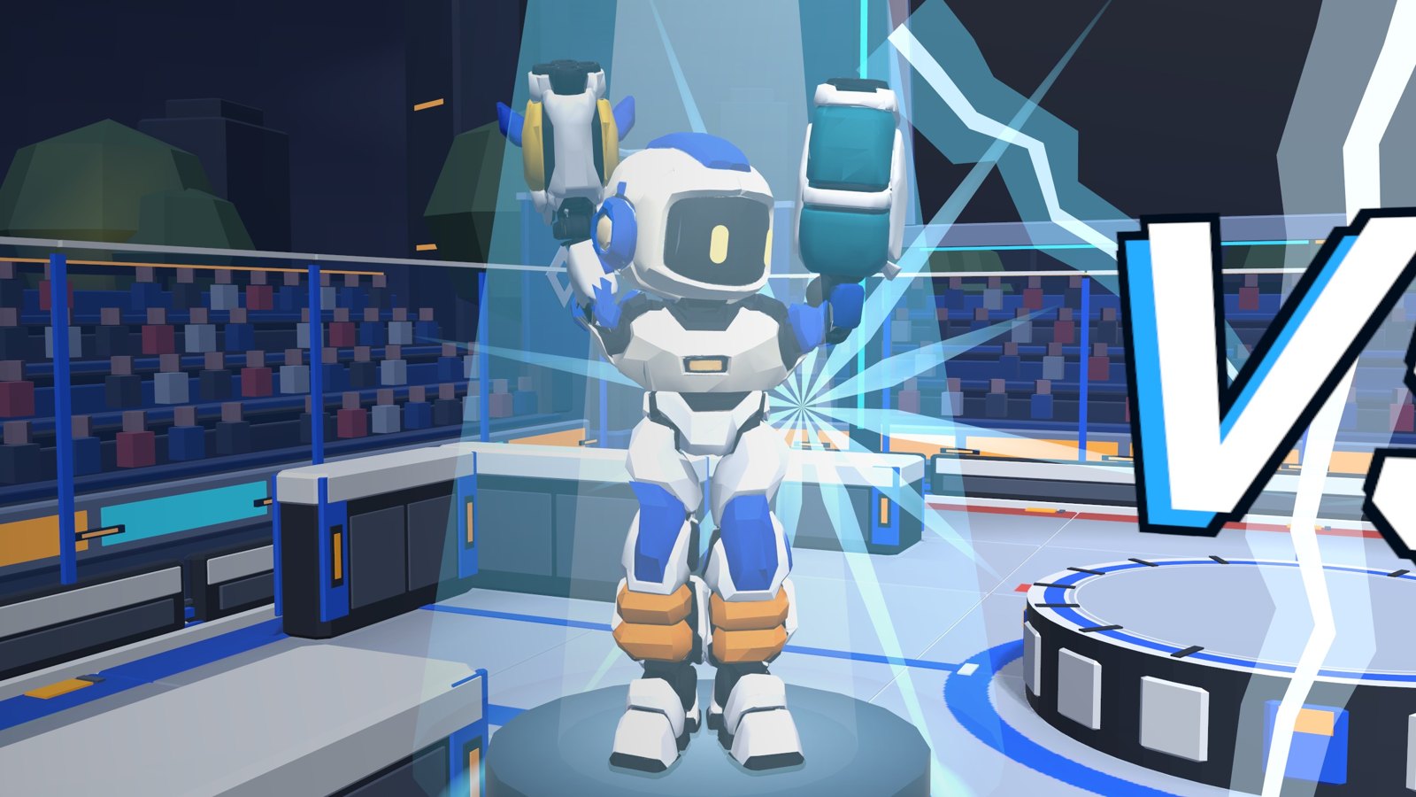 Mirror mode: on the VS pedestal your mech raises both arms, copying the player.