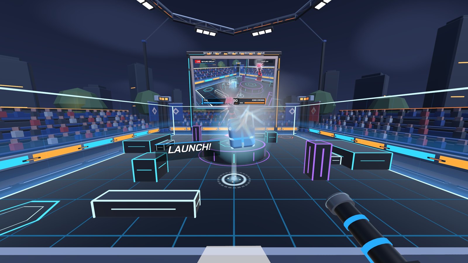 LAUNCH! The capsule cannon fires and the capsule bursts open in the arena.