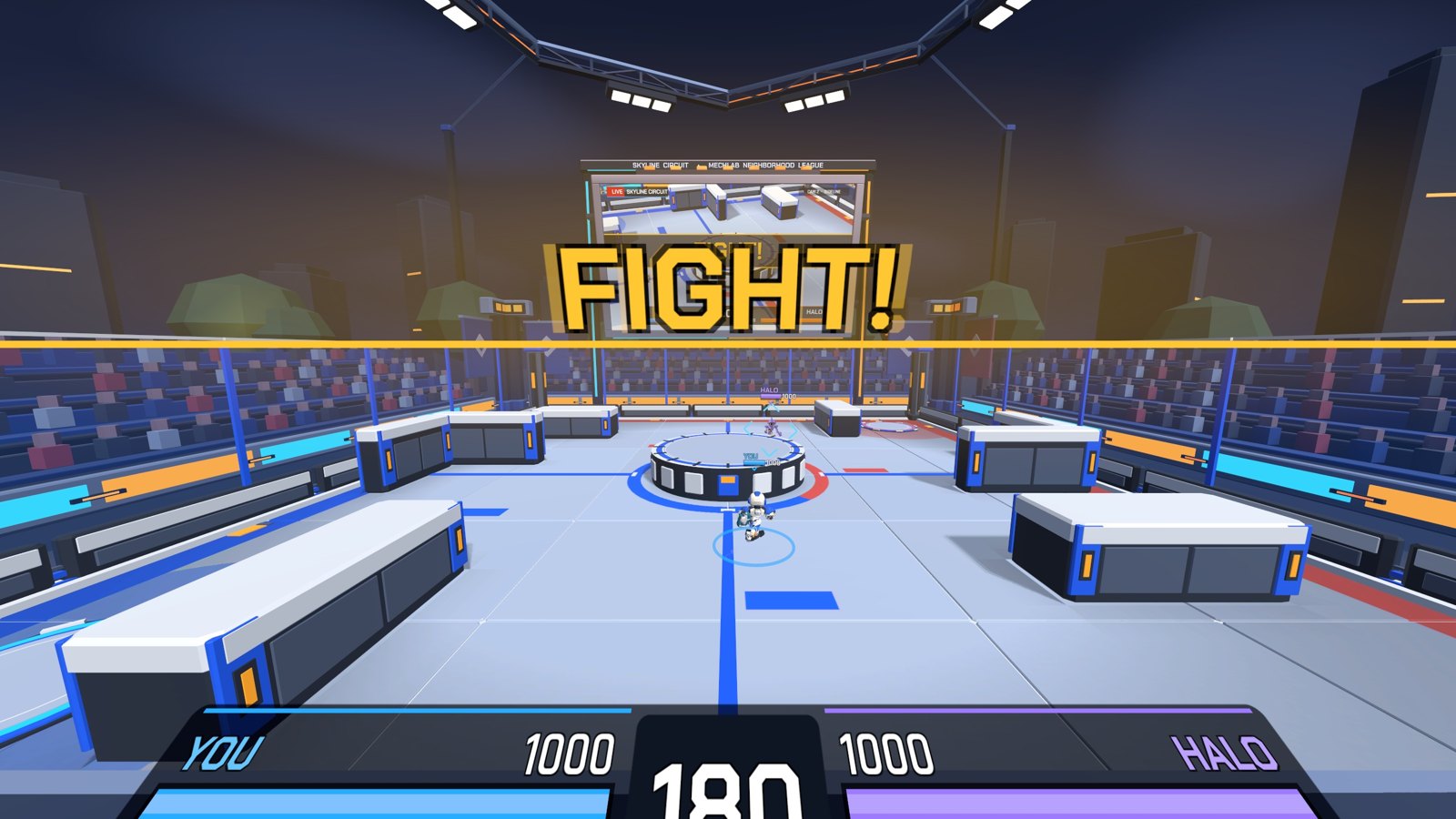FIGHT! Ringside view of the arena with the fighting-game HUD and the stadium big screen.