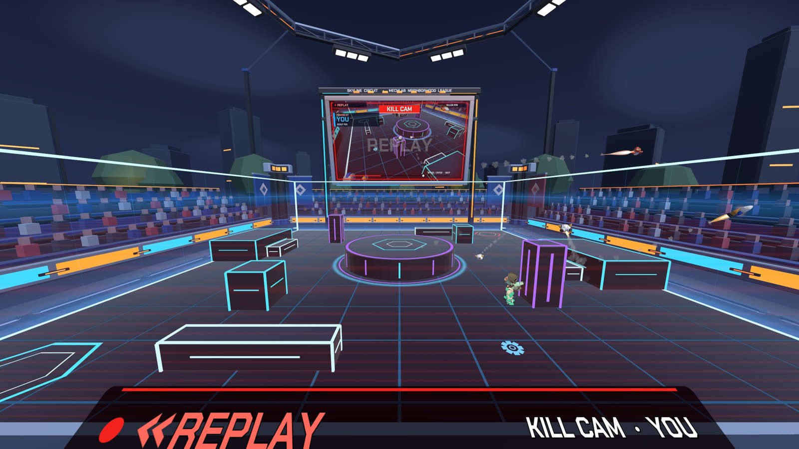 After a K.O. the arena rewinds and the big screen plays a killer's-eye KILL CAM replay.
