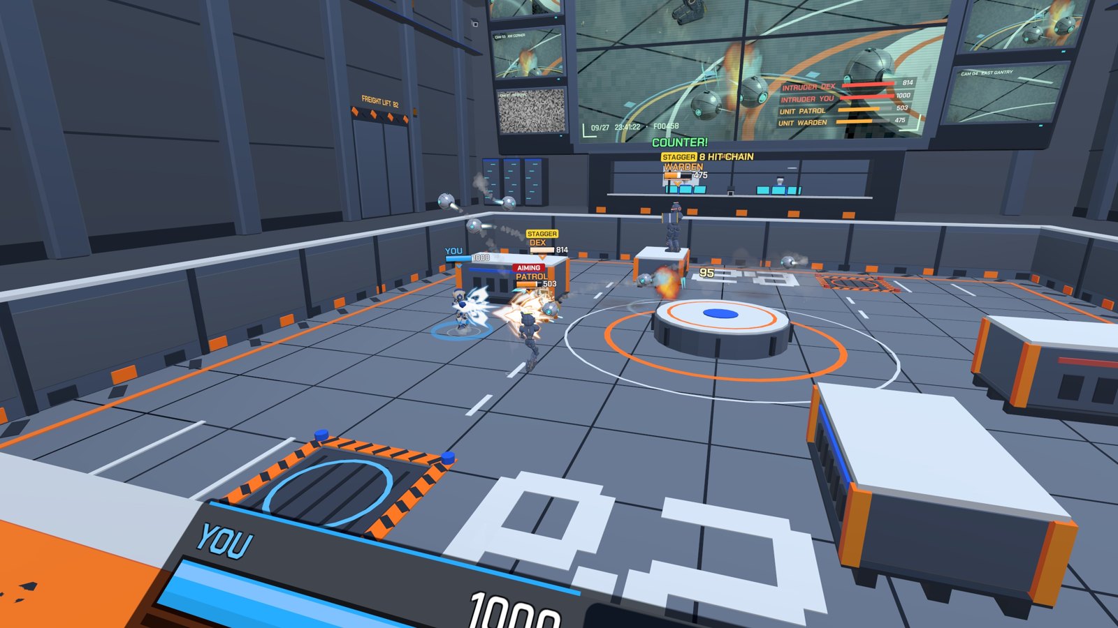 Story mode: the Tower B2 security test pit, 2 vs 2 against guard mechs.