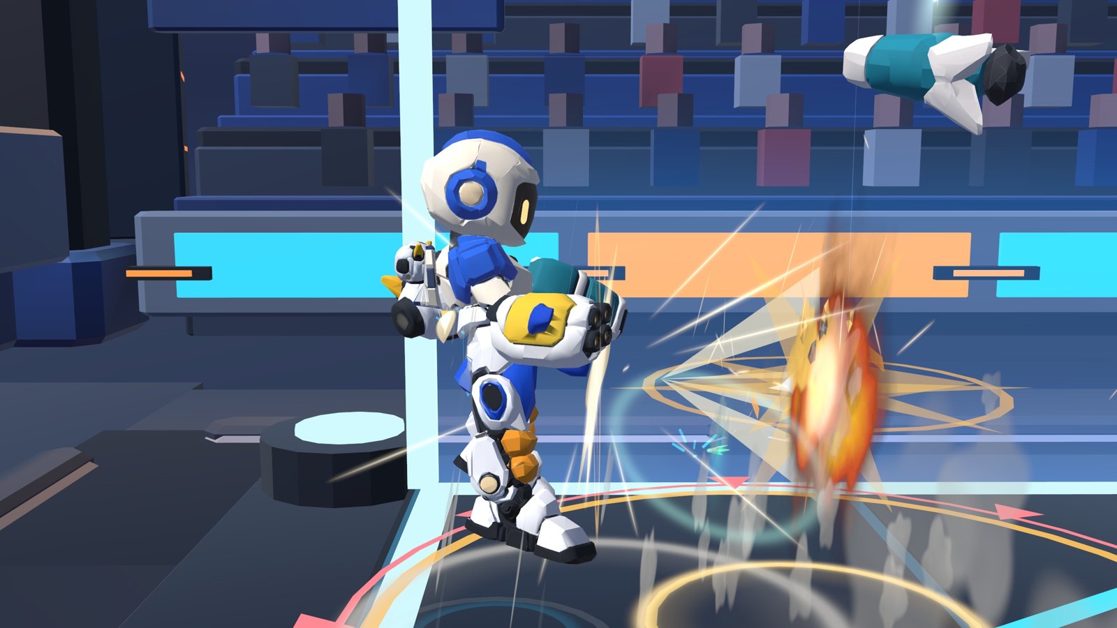 The big screen's broadcast camera catches the Vanguard firing in the Hardlight Cube.